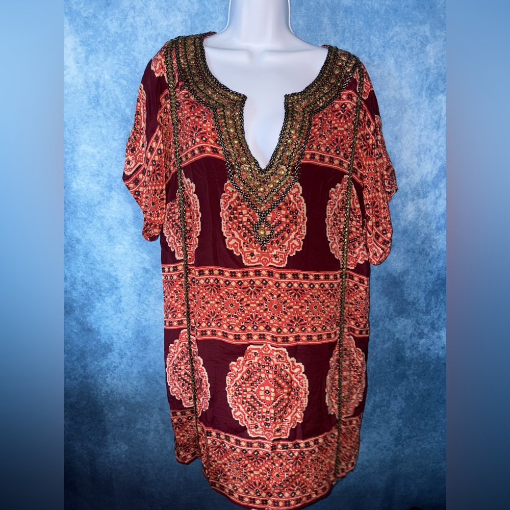 Calypso St Barth Embellished V-Neck Boho Tunic Top - Red